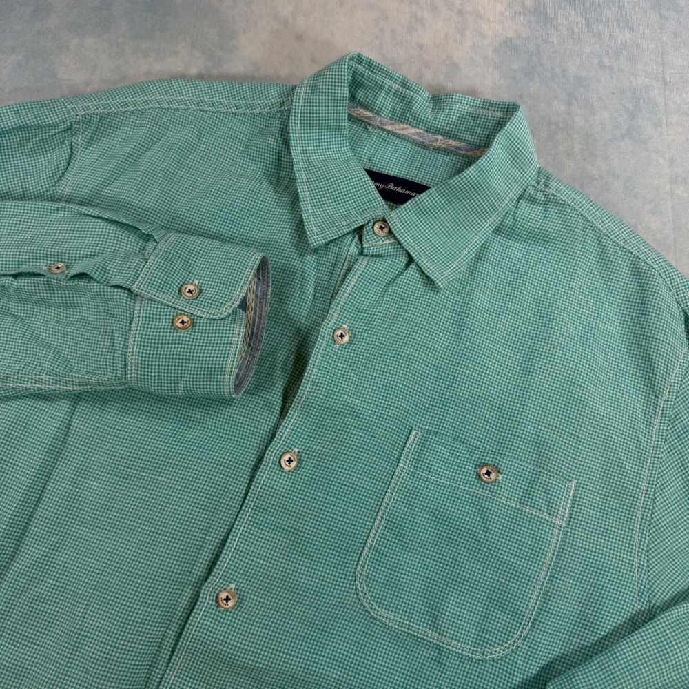 Tommy Bahama Button Down Mens Large Green Excellent Linen Blend Gingham Shirt